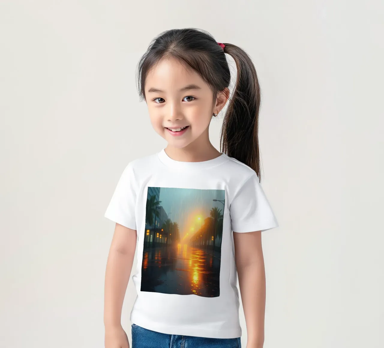 Strada piovosa illuminata da luci calde in una città tropicale t-shirt bambini da DesignDoodle