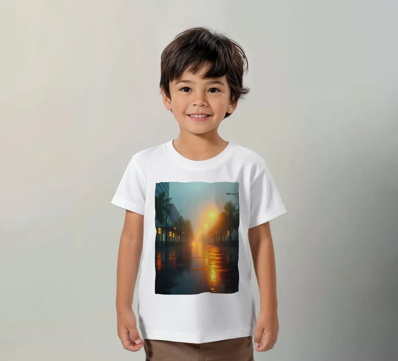 Strada piovosa illuminata da luci calde in una città tropicale t-shirt bambini da DesignDoodle