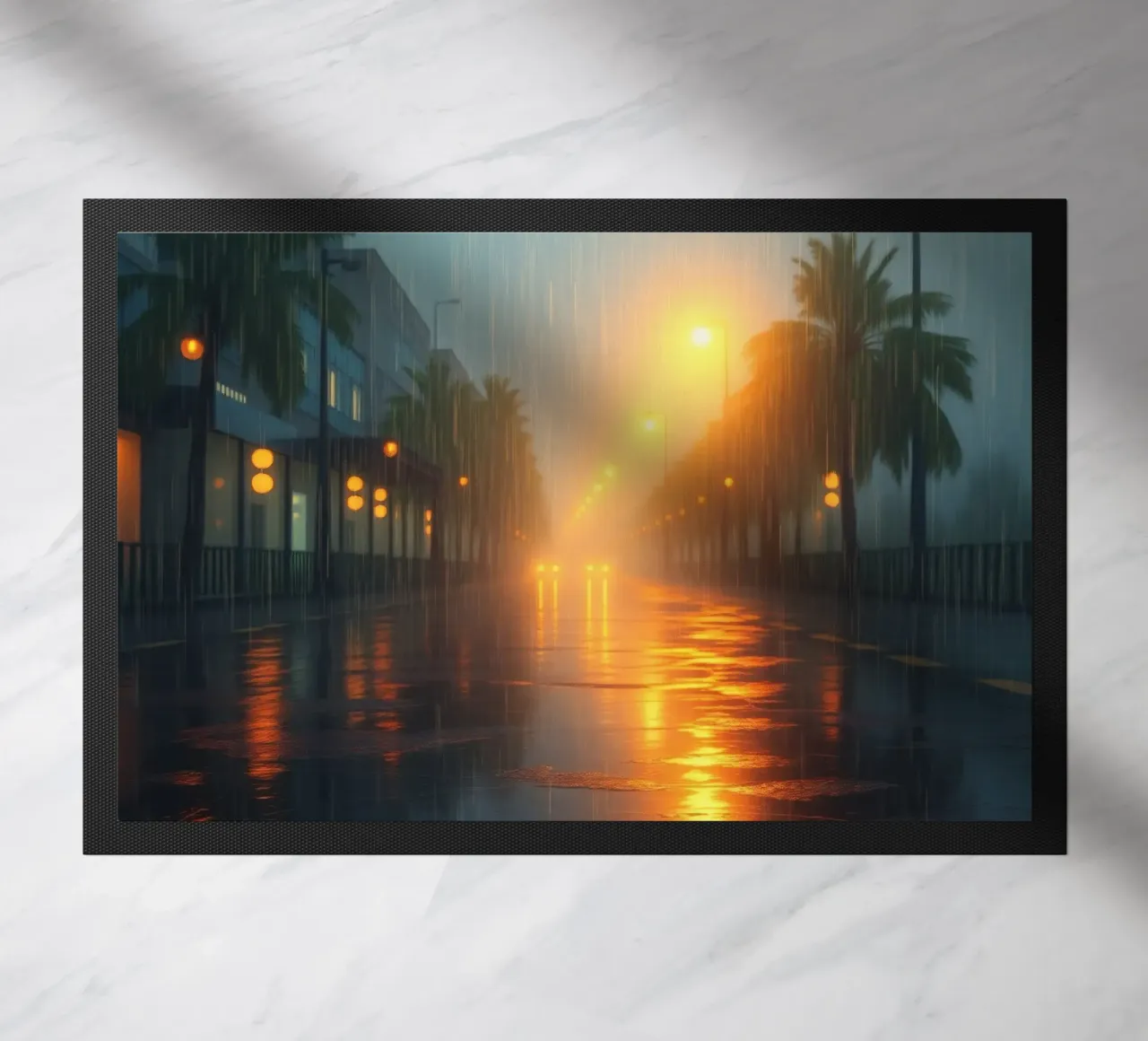 Strada piovosa illuminata da luci calde in una città tropicale zerbino da DesignDoodle