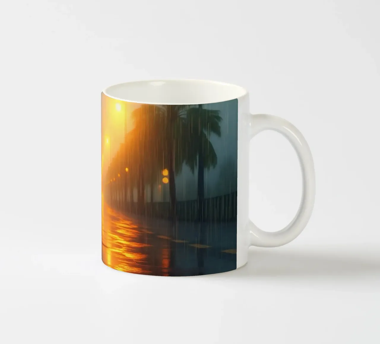 Strada piovosa illuminata da luci calde in una città tropicale tazza in ceramica da DesignDoodle