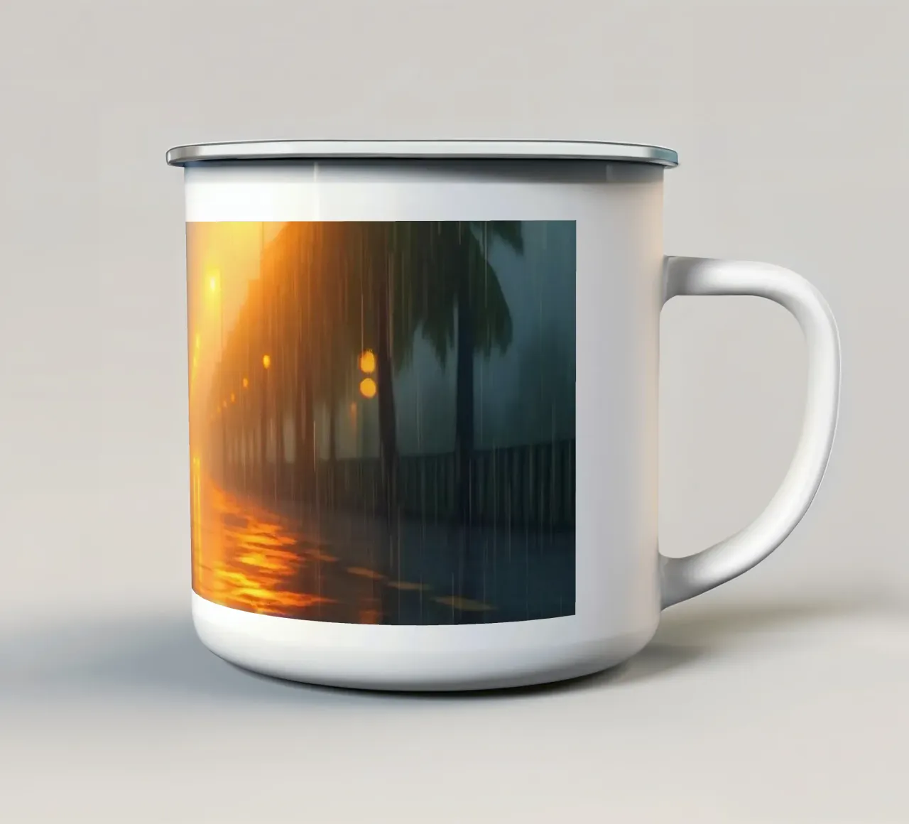 Strada piovosa illuminata da luci calde in una città tropicale tazza in smalto da DesignDoodle