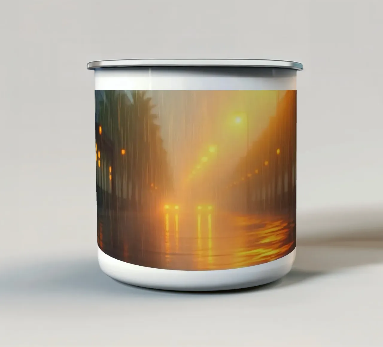 Strada piovosa illuminata da luci calde in una città tropicale tazza in smalto da DesignDoodle