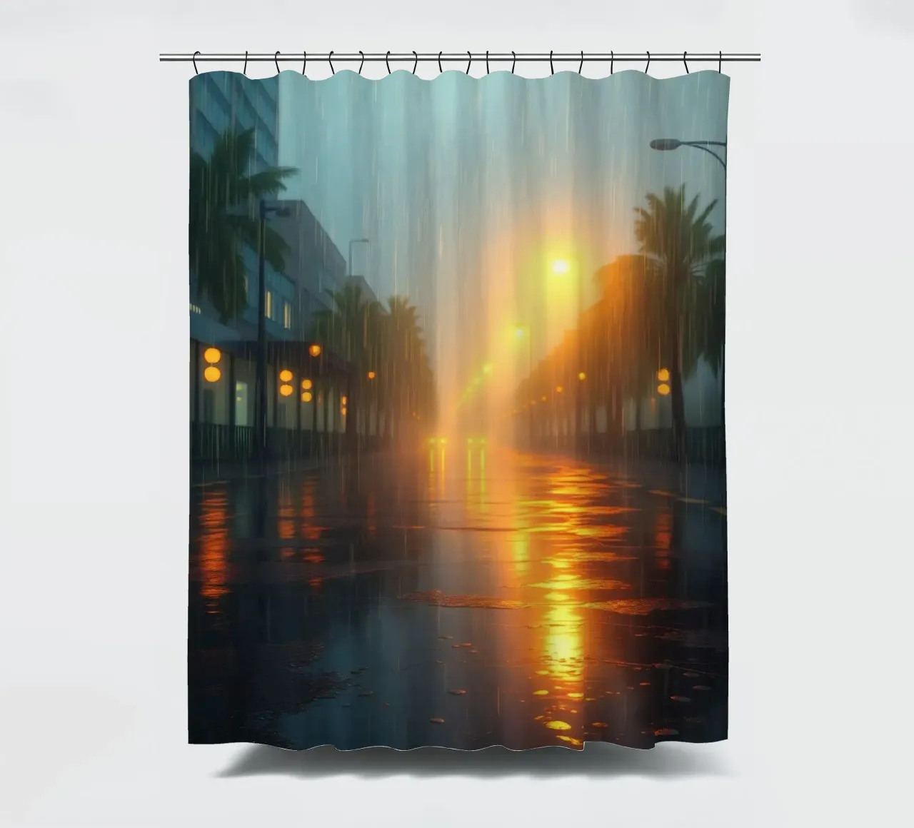 Strada piovosa illuminata da luci calde in una città tropicale tenda da doccia da DesignDoodle