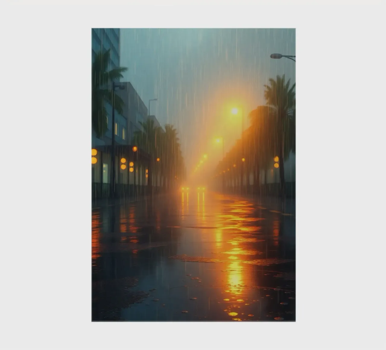Strada piovosa illuminata da luci calde in una città tropicale diario da DesignDoodle