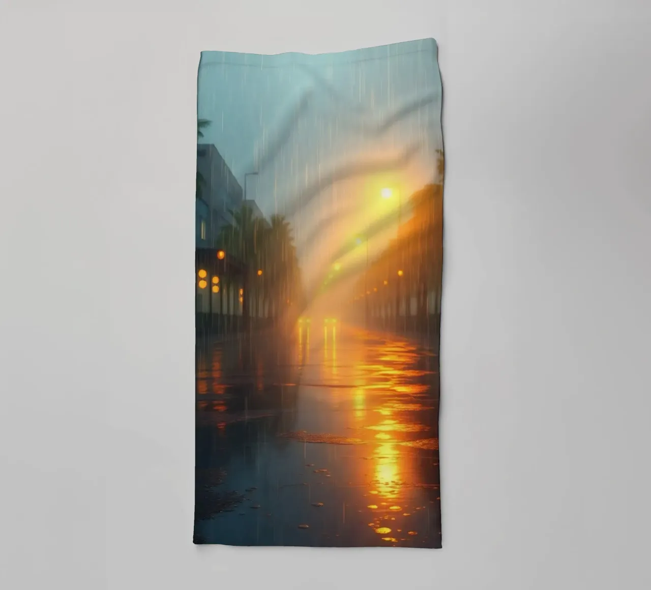 Strada piovosa illuminata da luci calde in una città tropicale asciugamano da bagno da DesignDoodle