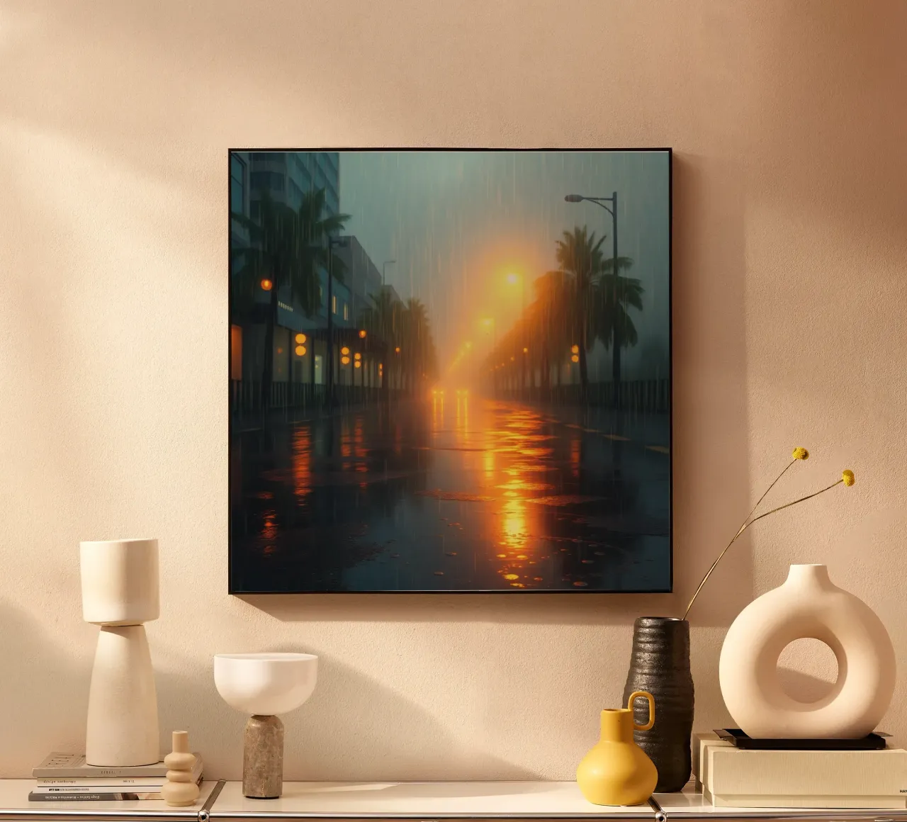 Strada piovosa illuminata da luci calde in una città tropicale alluminio dibond da DesignDoodle