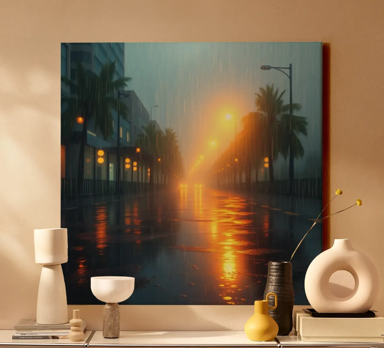 Strada piovosa illuminata da luci calde in una città tropicale tela da DesignDoodle
