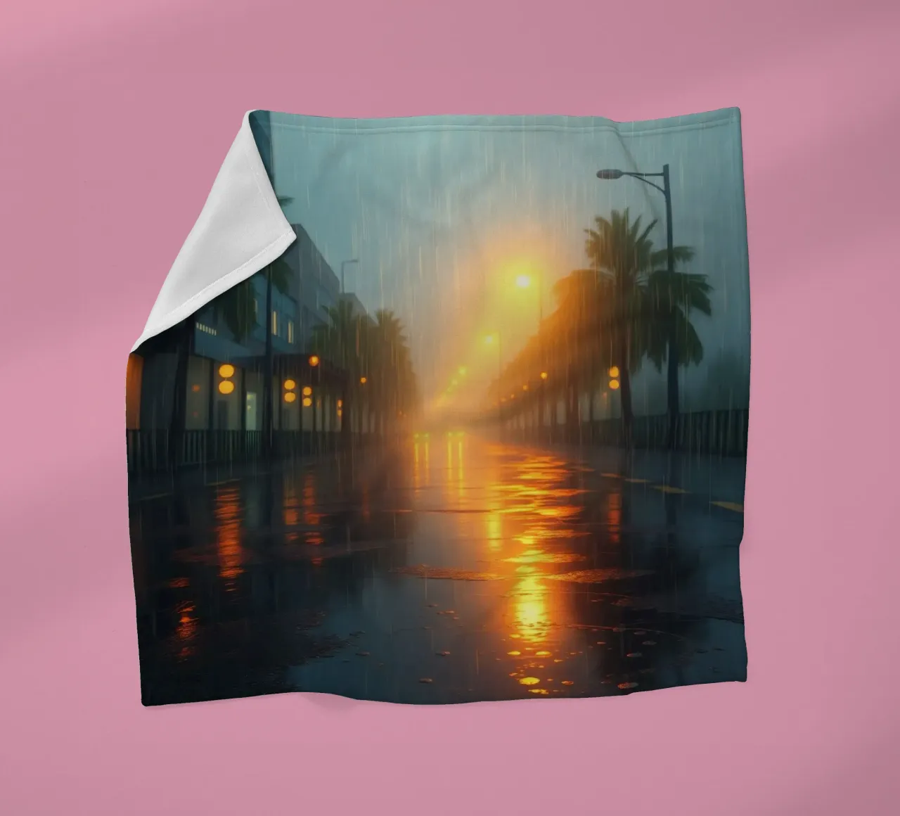 Strada piovosa illuminata da luci calde in una città tropicale coperta in pile da DesignDoodle