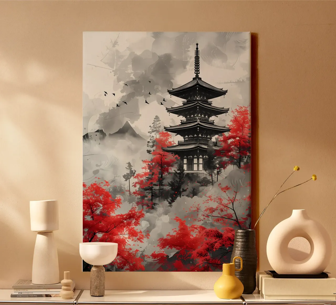 pagoda red maple trees birds flying mountain canvas with Floater frame by Janine P McGuire