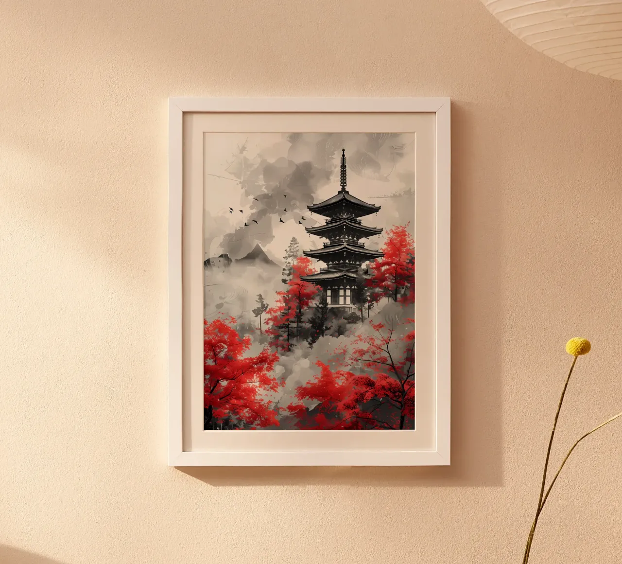 pagoda red maple trees birds flying mountain poster by Janine P McGuire