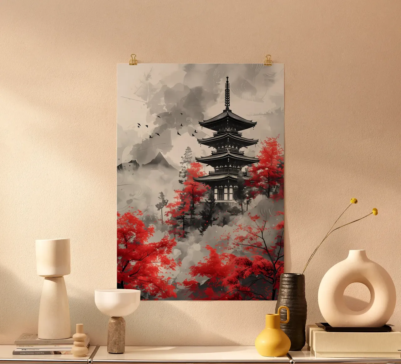 pagoda red maple trees birds flying mountain poster by Janine P McGuire