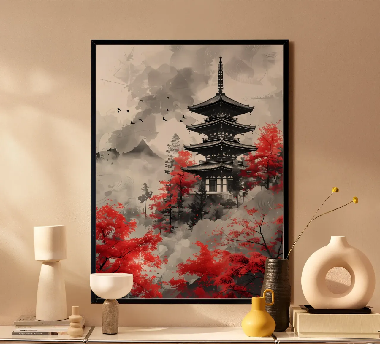 pagoda red maple trees birds flying mountain poster by Janine P McGuire