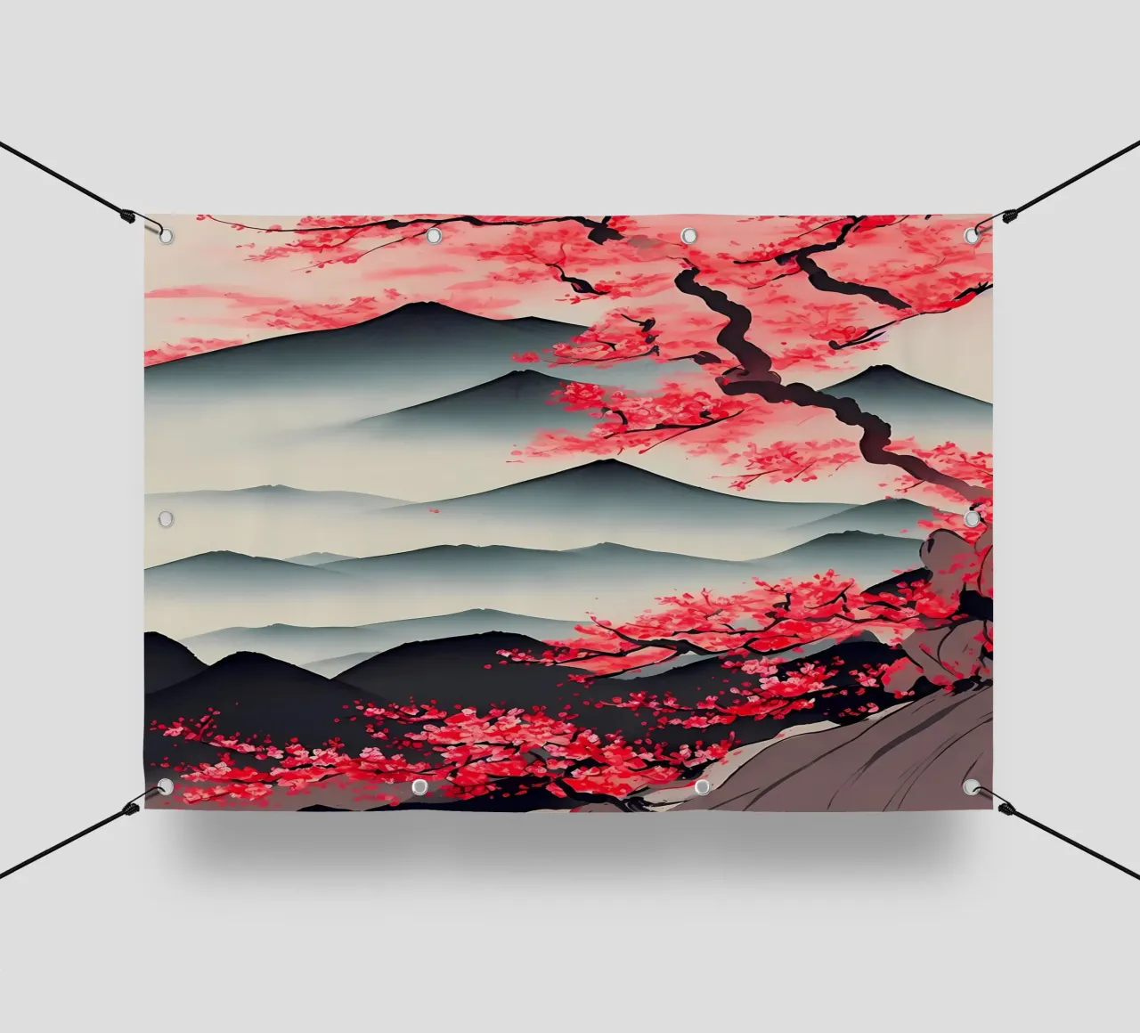 montagne ciliegio in fiore sakura albero paesaggio telo in pvc da Janine P McGuire
