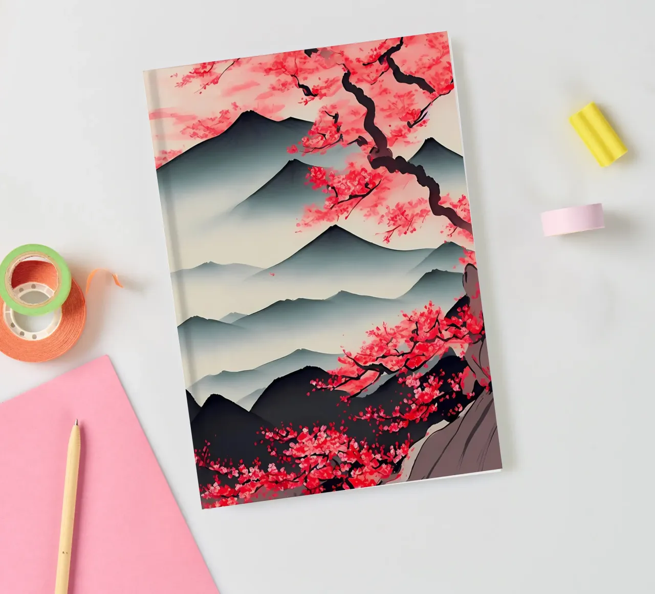 mountains cherry blossom sakura tree landscape notebook by Janine P McGuire