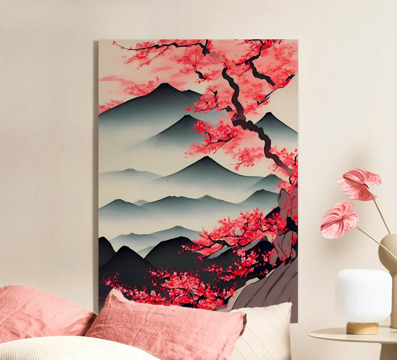 montagne ciliegio in fiore sakura albero paesaggio plexiglass da Janine P McGuire