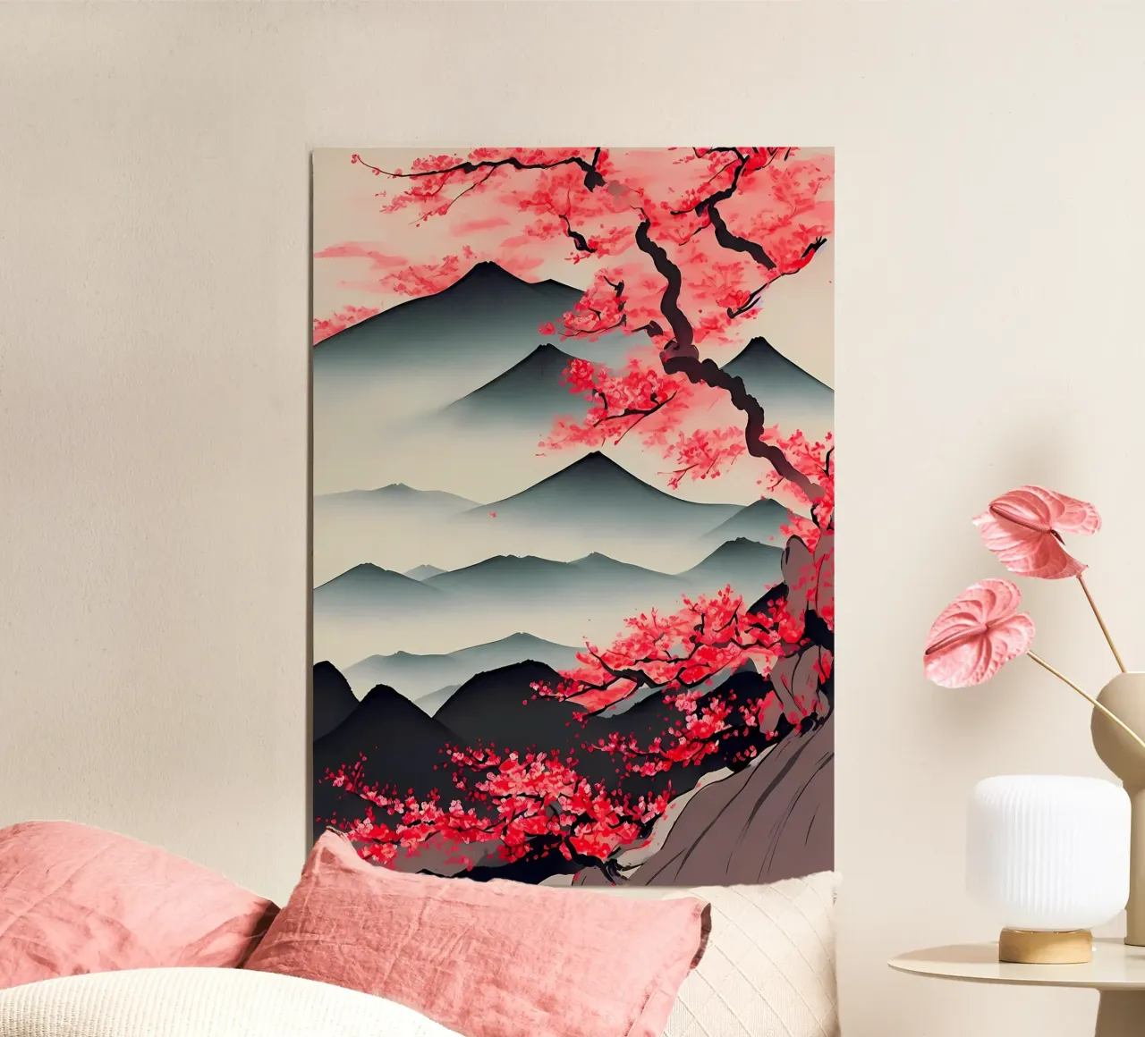 montagne ciliegio in fiore sakura albero paesaggio alluminio dibond da Janine P McGuire