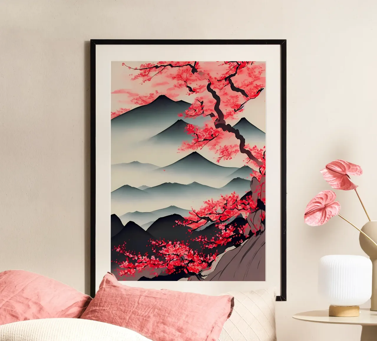 montagne ciliegio in fiore sakura albero paesaggio poster con telaio in alluminio da Janine P McGuire