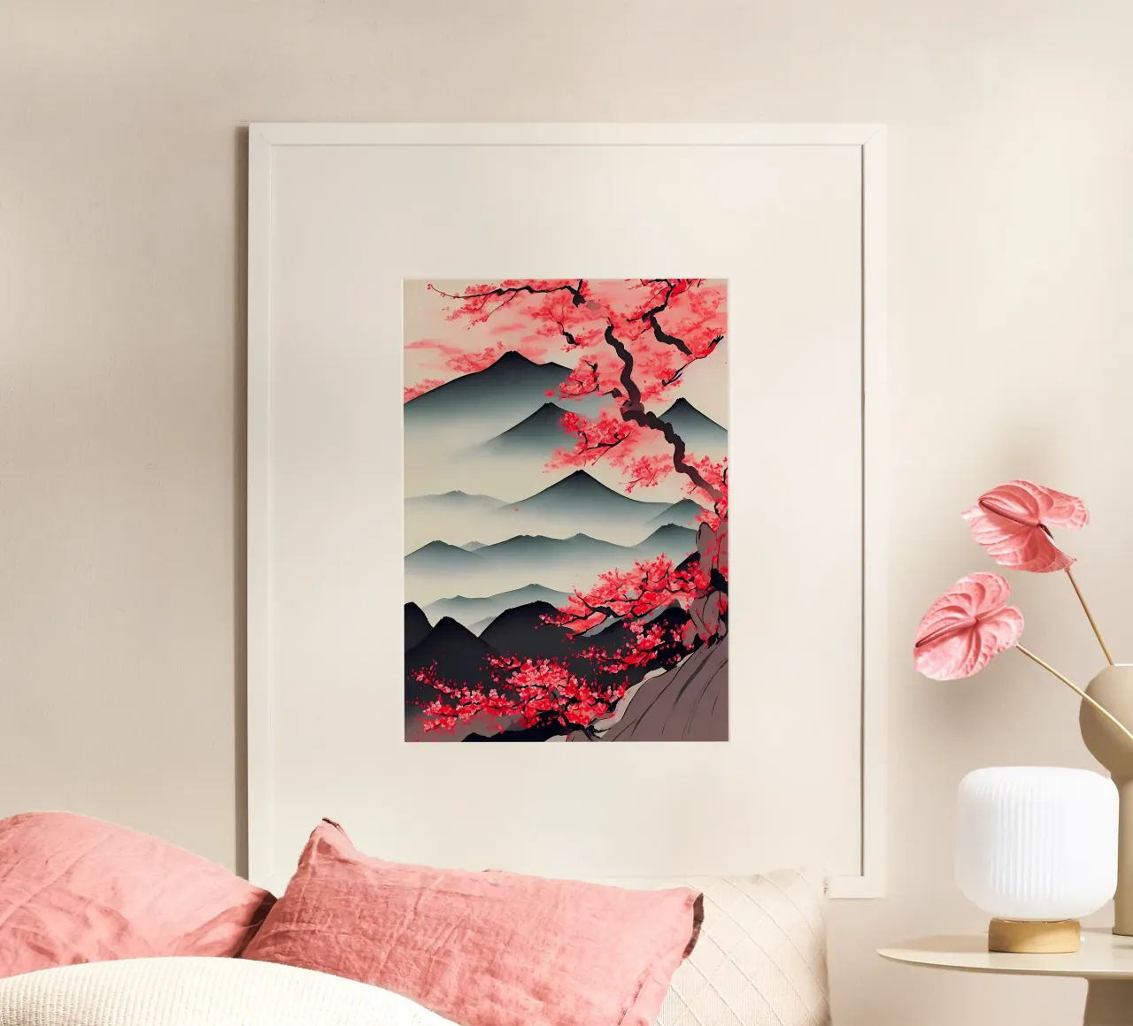 montagne ciliegio in fiore sakura albero paesaggio poster con telaio in alluminio da Janine P McGuire