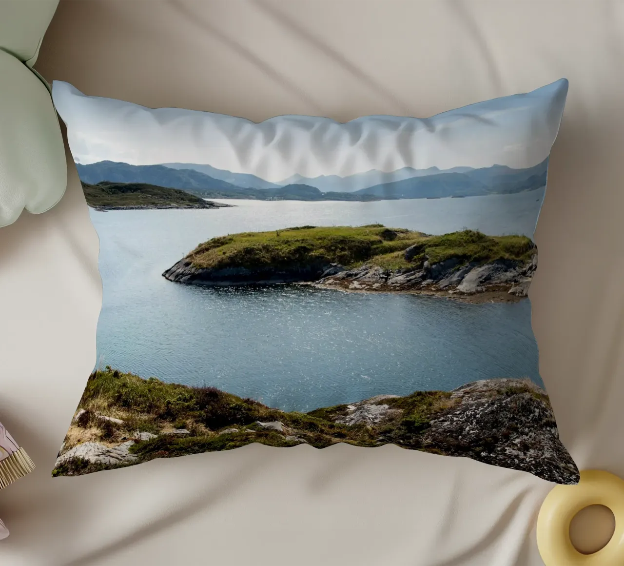 Coastal calm with a blue sky bay decorative cushion by karijn_landscapes