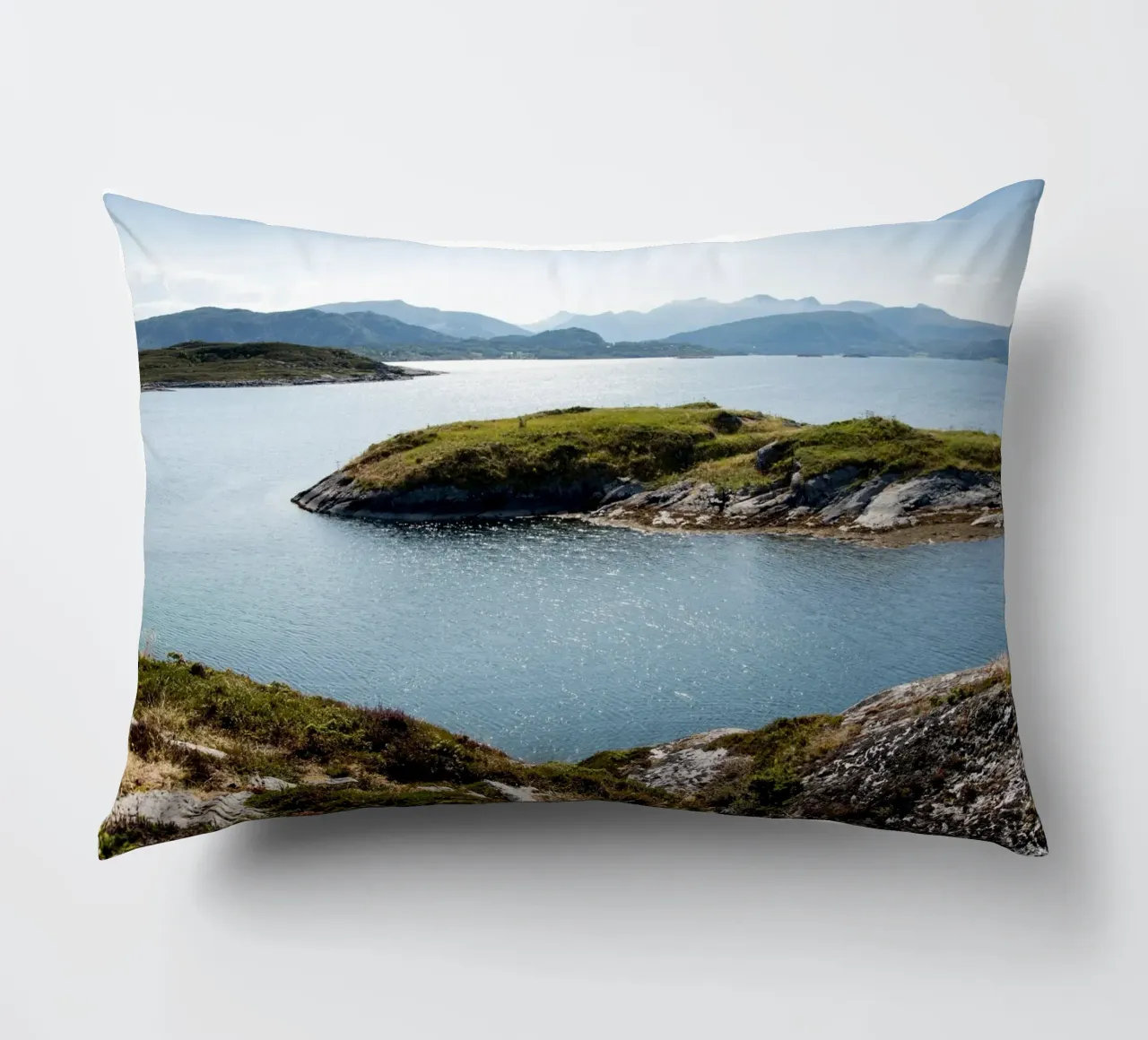 Coastal calm with a blue sky bay decorative cushion by karijn_landscapes