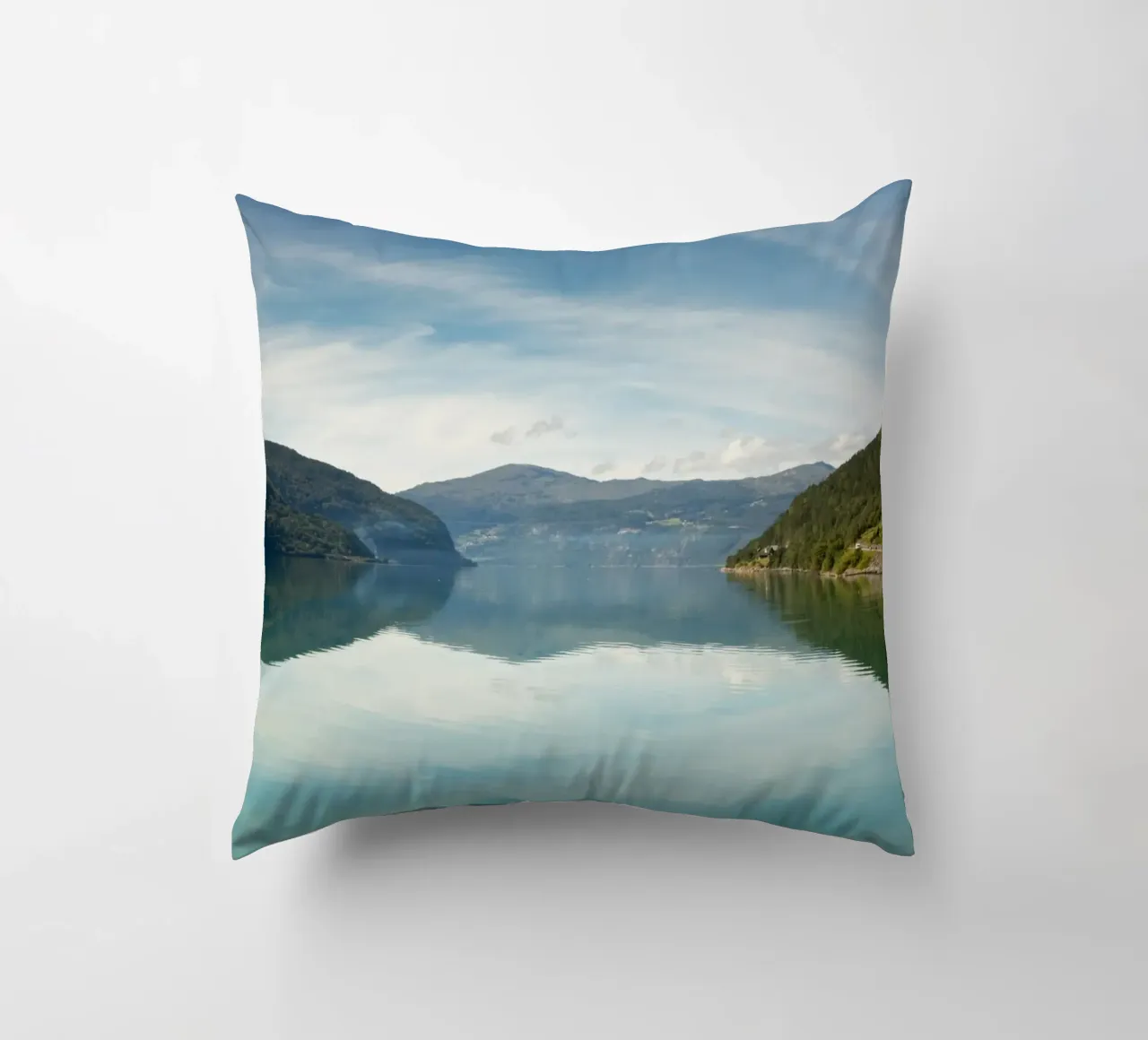Clear sky above the Fjord lake in Norway decorative cushion by karijn_landscapes