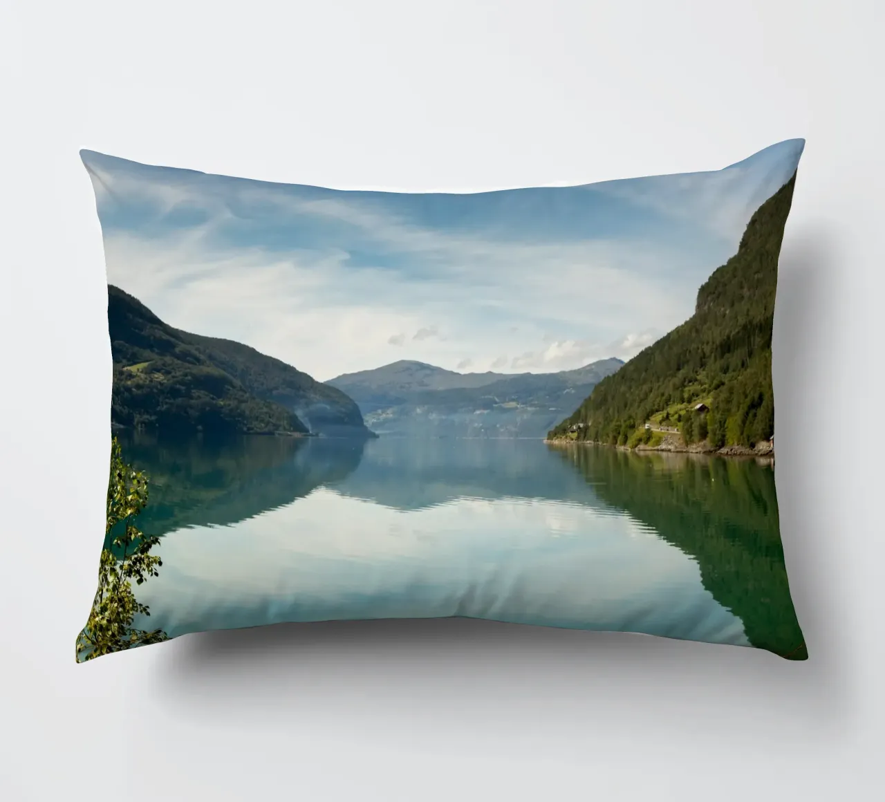 Clear sky above the Fjord lake in Norway decorative cushion by karijn_landscapes