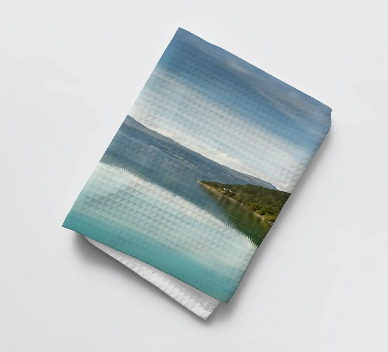 Clear sky above the Fjord lake in Norway tea towel by karijn_landscapes