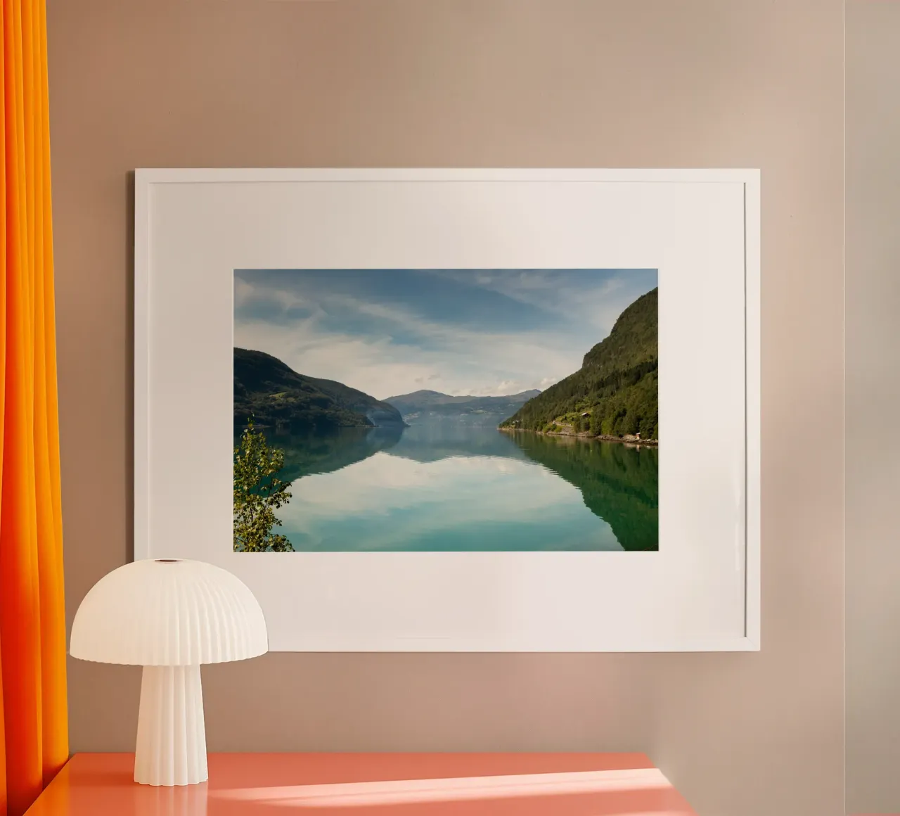 Clear sky above the Fjord lake in Norway poster with plastic frame by karijn_landscapes