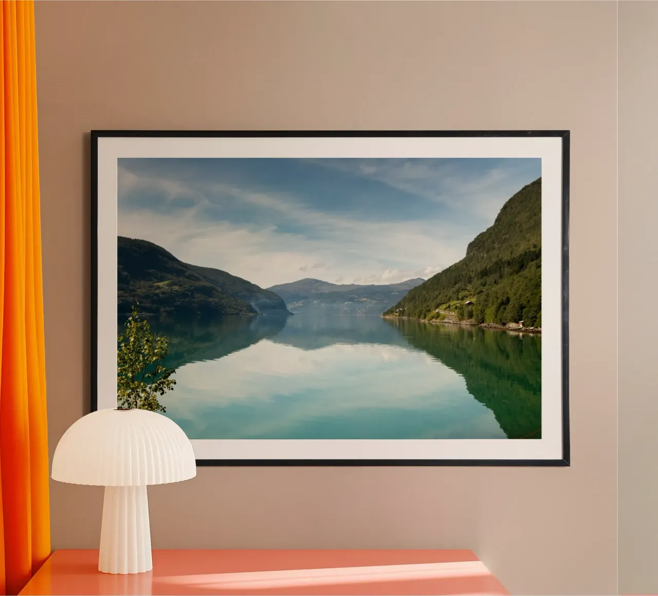 Clear sky above the Fjord lake in Norway poster with plastic frame by karijn_landscapes