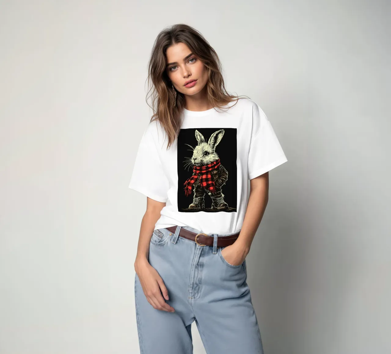 Coniglietto in tenuta punk con sciarpa a scacchi t-shirt da pixelbull - medieval art and more