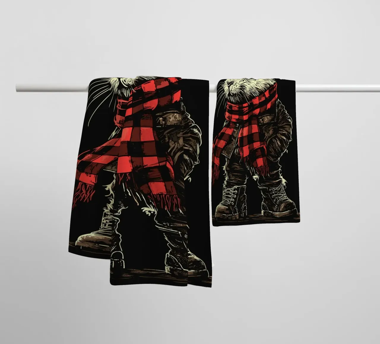 Coniglietto in tenuta punk con sciarpa a scacchi asciugamano da bagno da pixelbull - medieval art and more