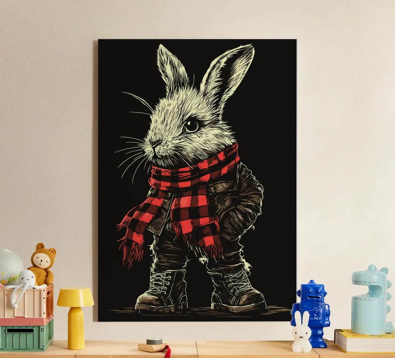 Coniglietto in tenuta punk con sciarpa a scacchi plexiglass da pixelbull - medieval art and more
