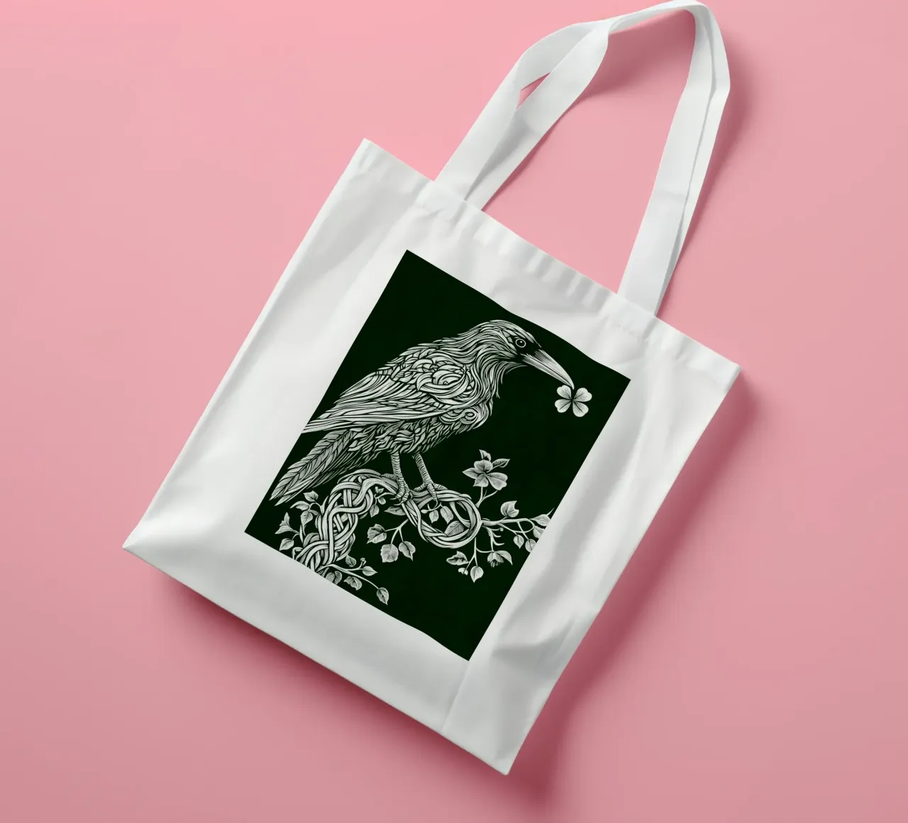 Corvo bianco con trifoglio sul ramo borsa in juta da pixelbull - medieval art and more