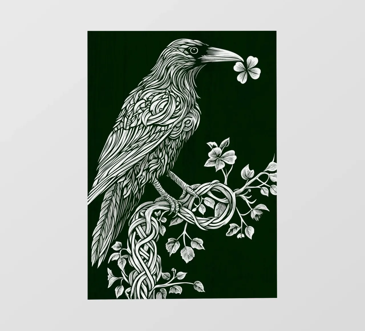 Corvo bianco con trifoglio sul ramo telo in pvc da pixelbull - medieval art and more