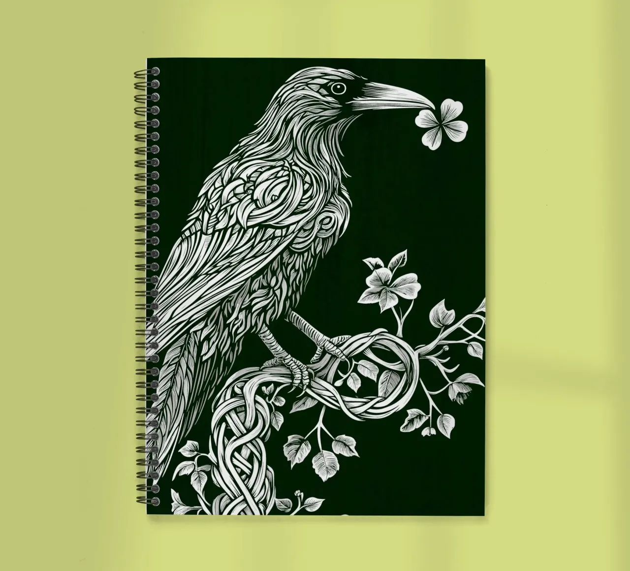 White raven with clover on branch spiral notebook by pixelbull - medieval art and more