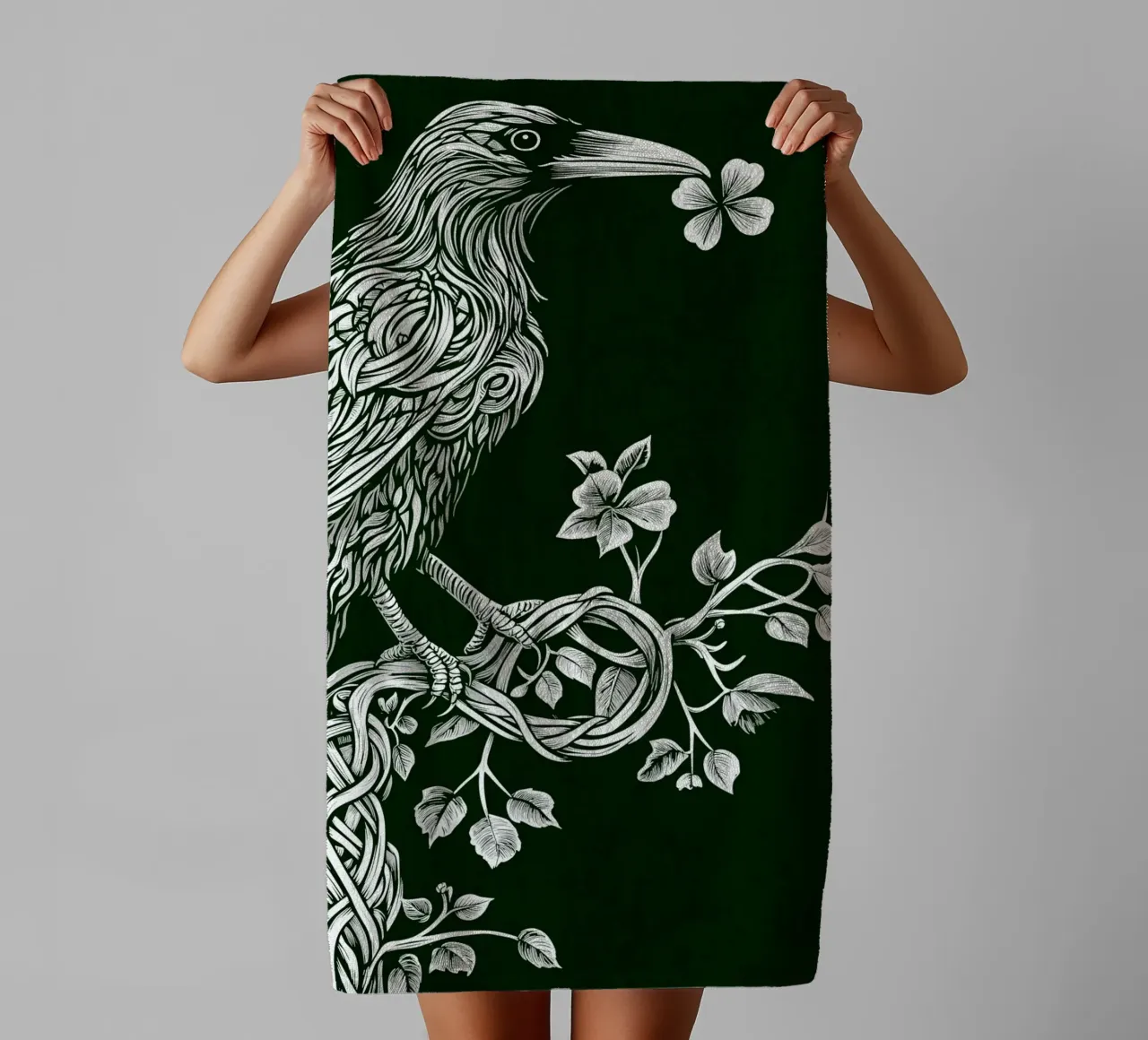 White raven with clover on branch towel by pixelbull - medieval art and more