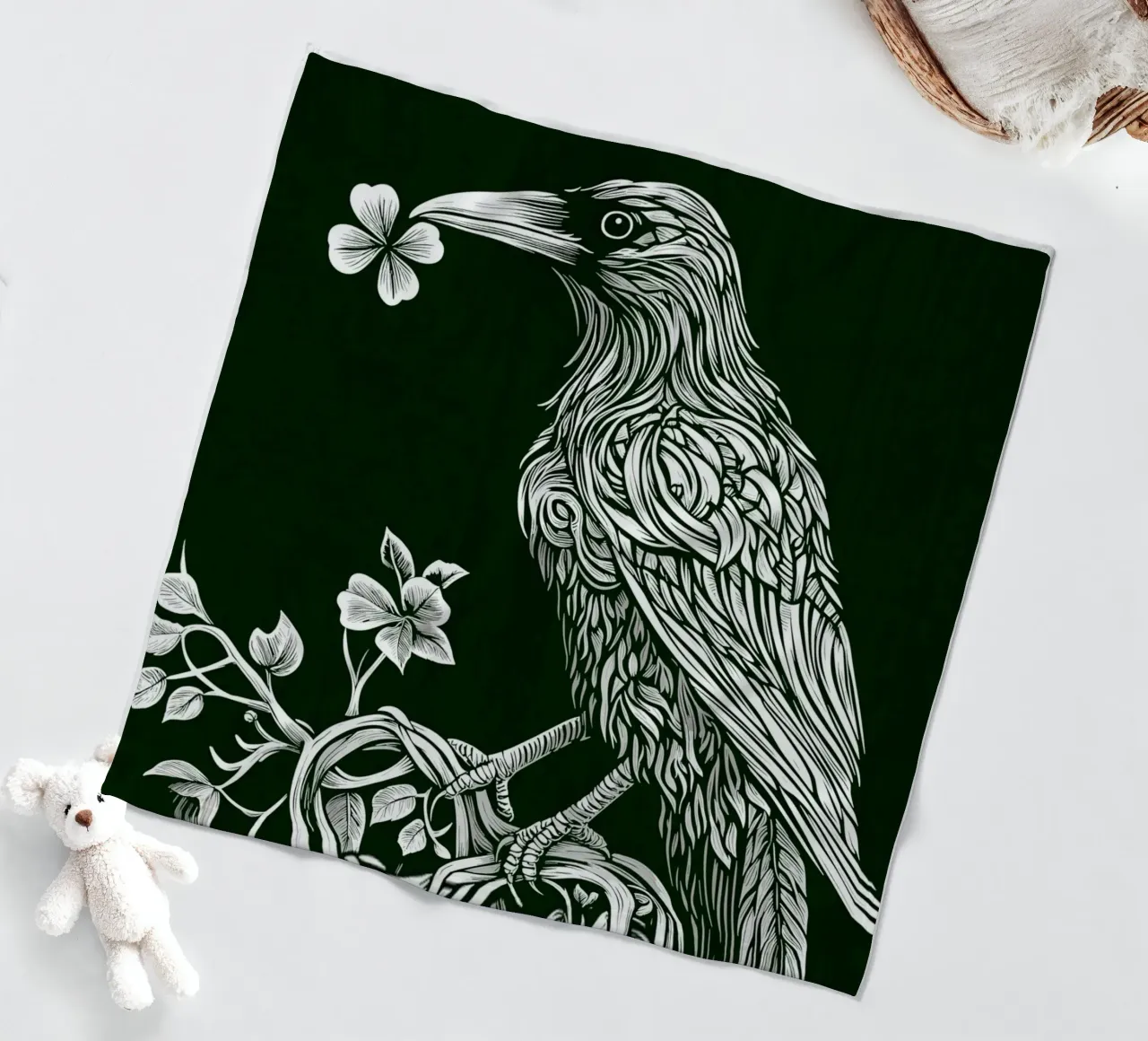 White raven with clover on branch fleece blanket by pixelbull - medieval art and more