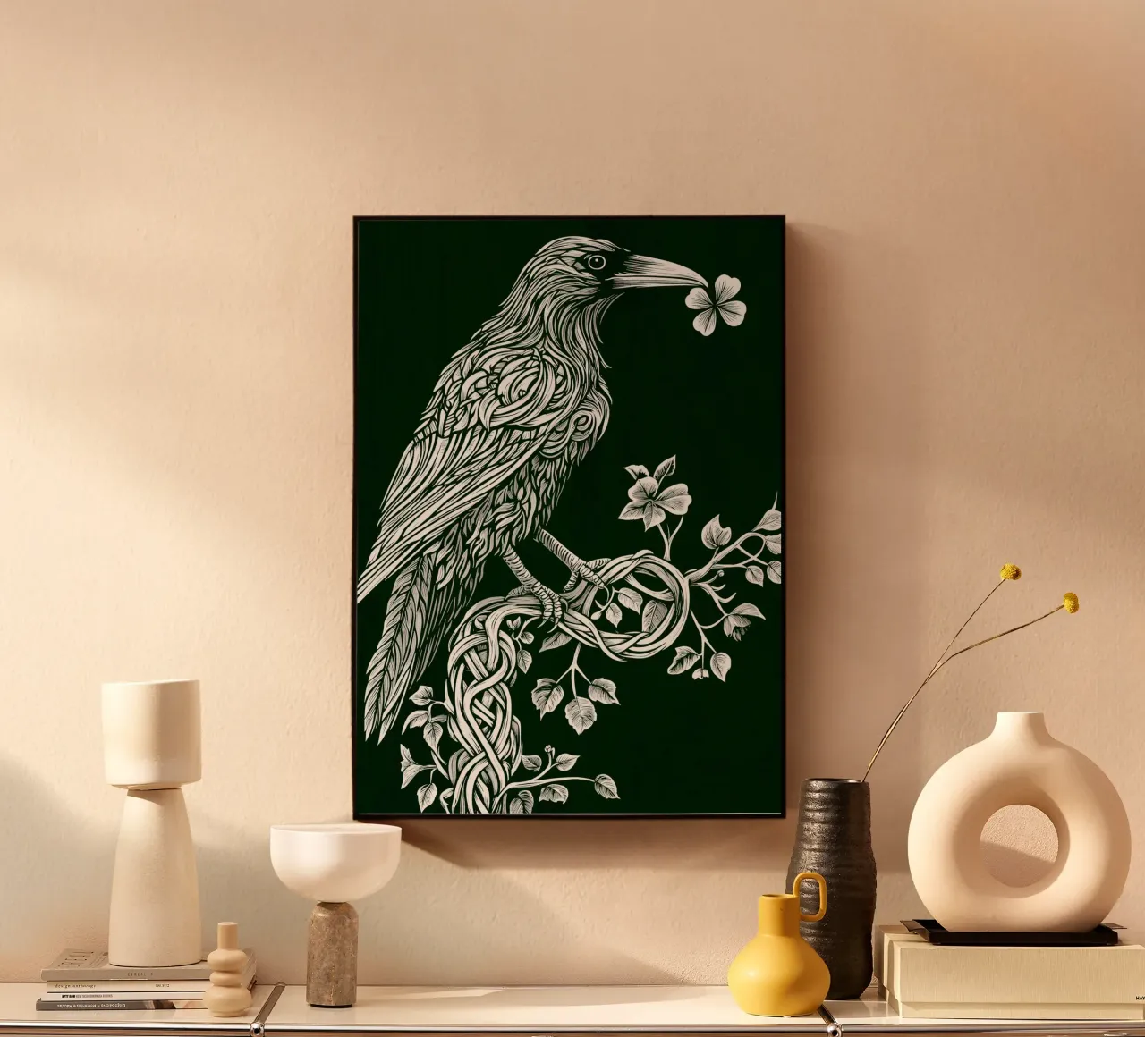 Corvo bianco con trifoglio sul ramo plexiglass da pixelbull - medieval art and more