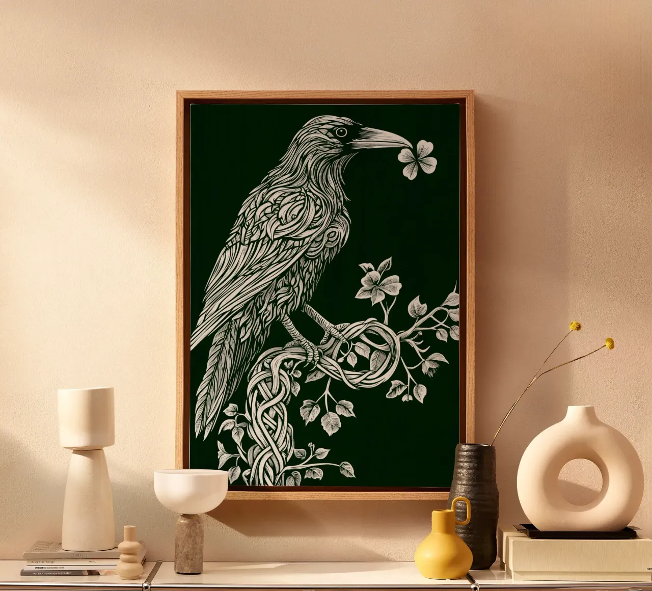 White raven with clover on branch canvas by pixelbull - medieval art and more