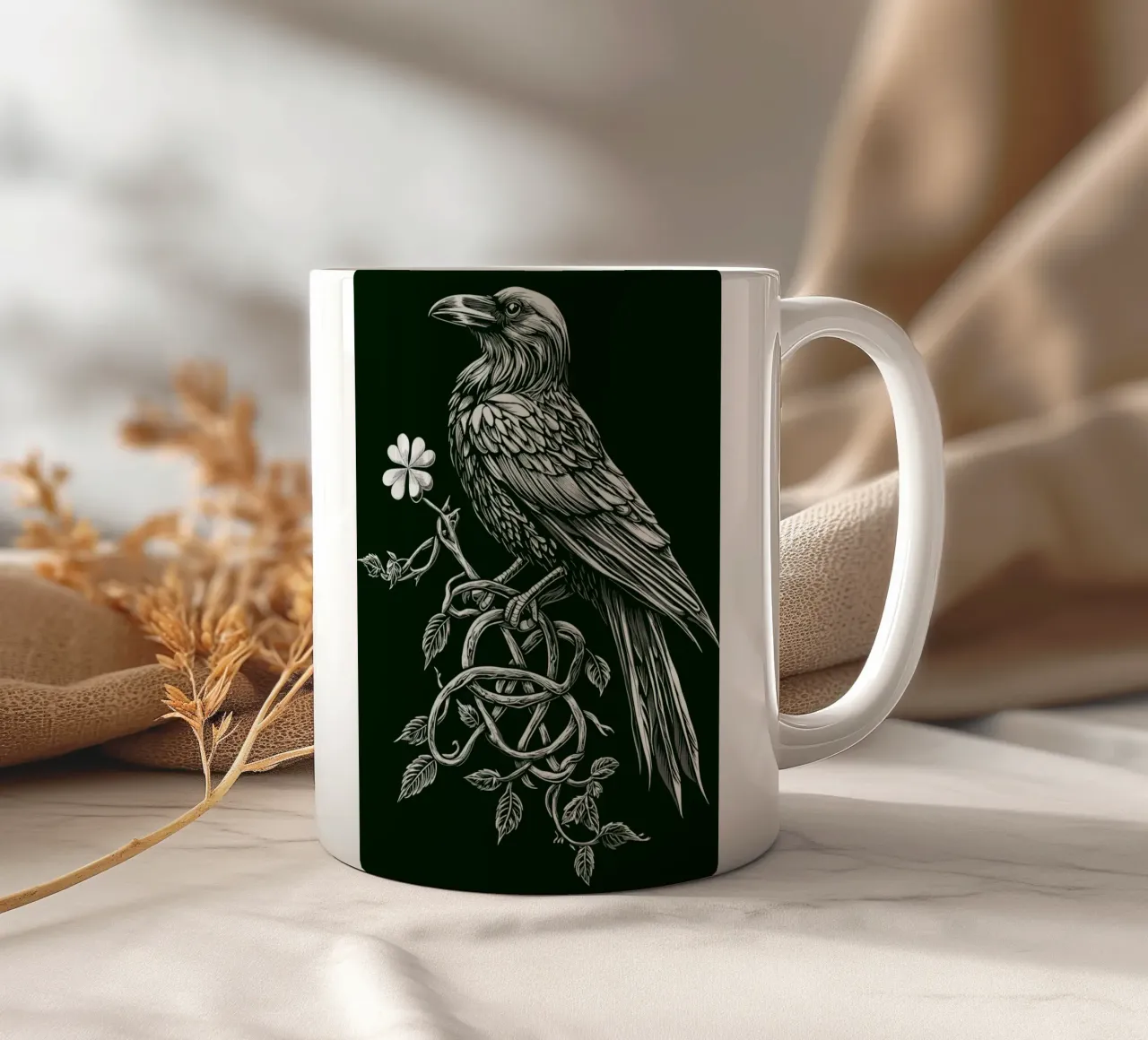 Raven with shamrock on a dark branch ceramic mug by pixelbull - medieval art and more
