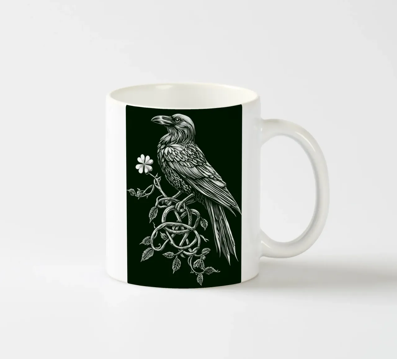 Raven with shamrock on a dark branch ceramic mug by pixelbull - medieval art and more