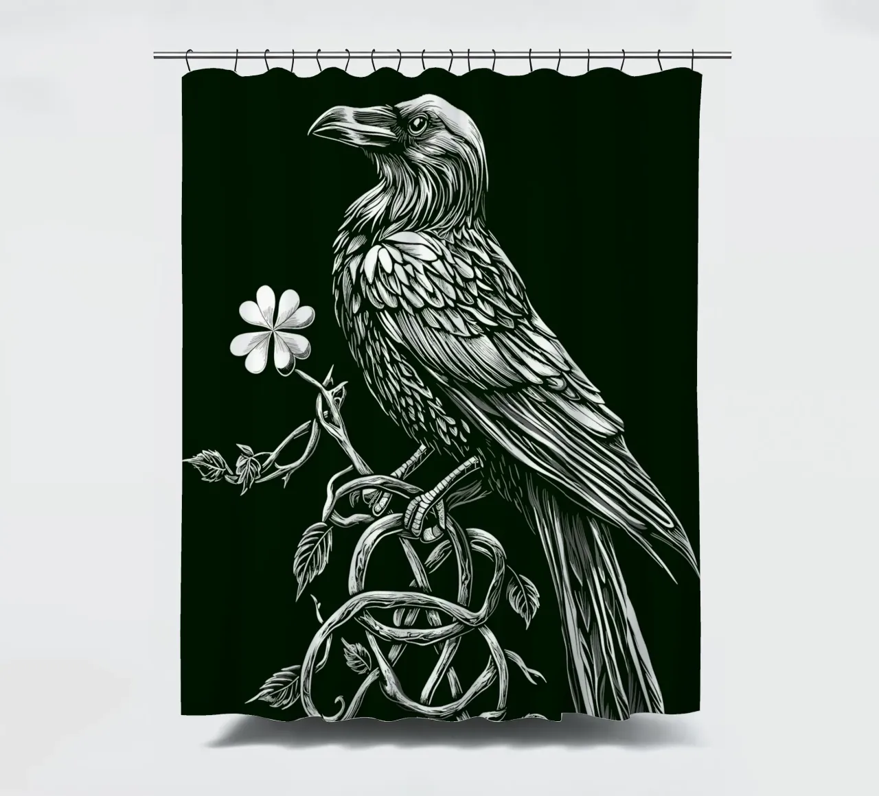 Raven with shamrock on a dark branch shower curtain by pixelbull - medieval art and more