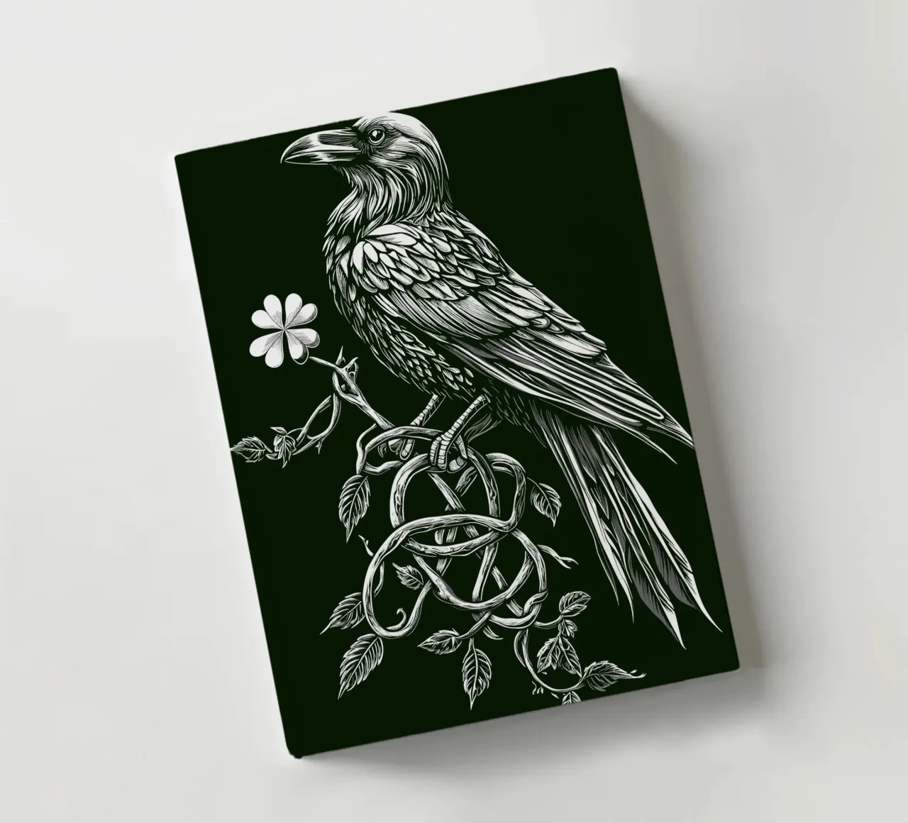 Raven with shamrock on a dark branch notebook by pixelbull - medieval art and more