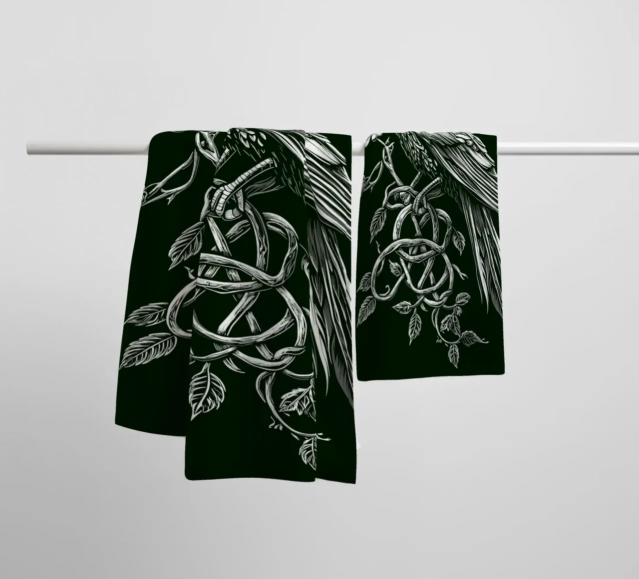 Raven with shamrock on a dark branch towel by pixelbull - medieval art and more