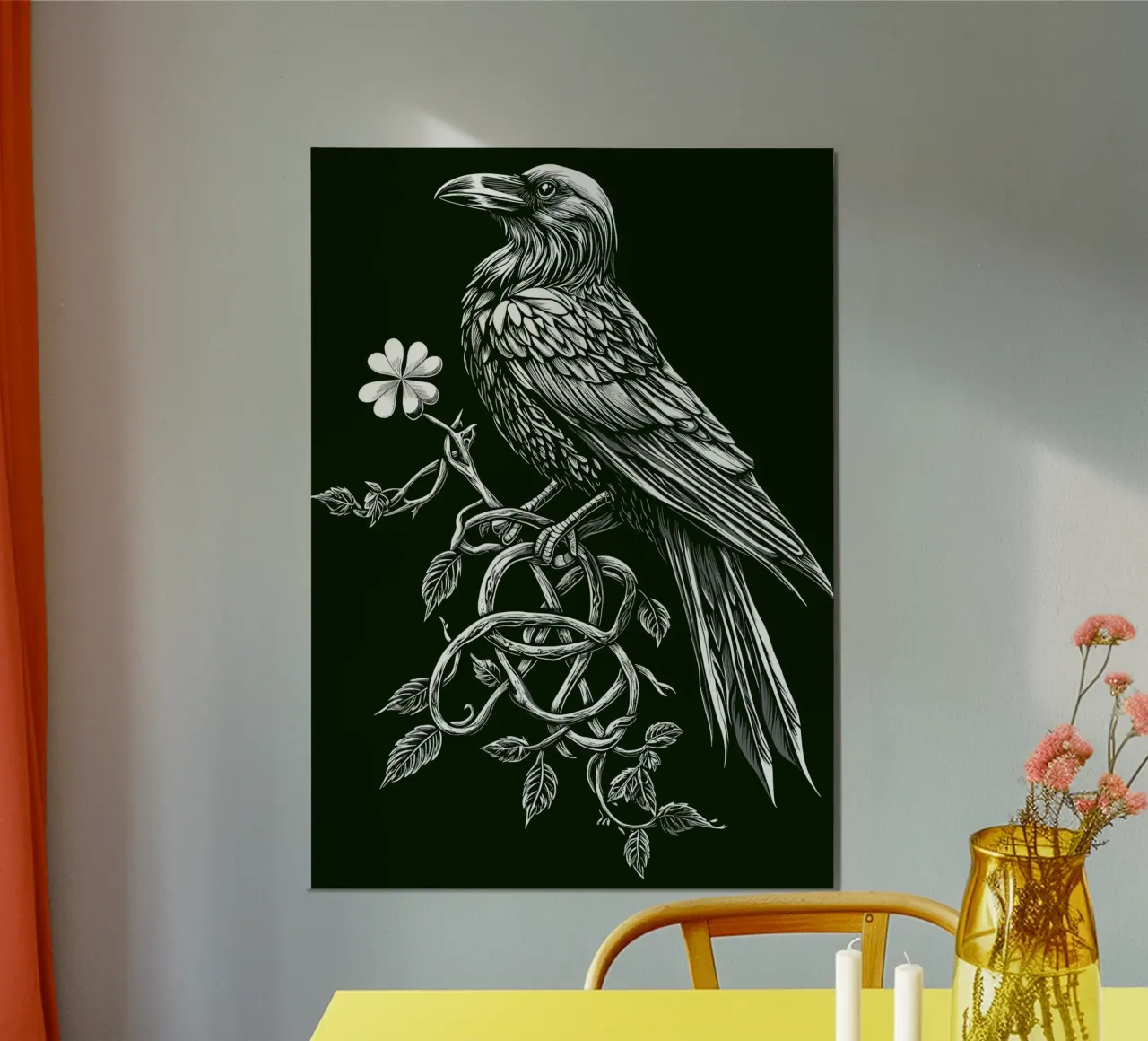 Raven with shamrock on a dark branch hahnemühle by pixelbull - medieval art and more