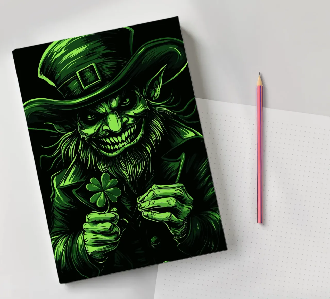 Grinning leprechaun with shamrock notebook by pixelbull - medieval art and more