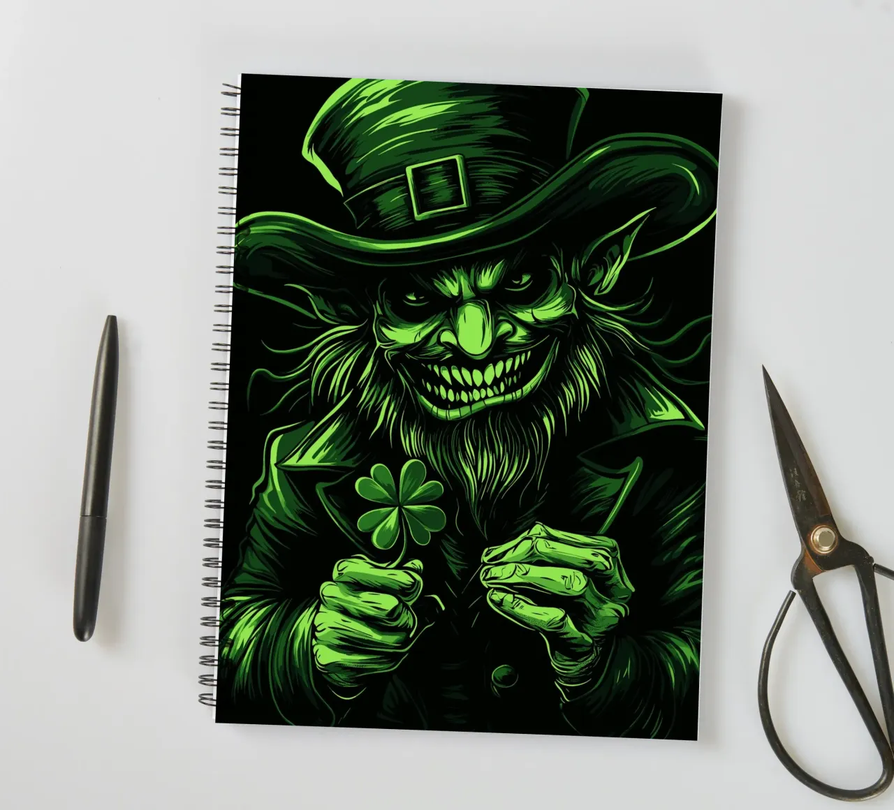 Grinning leprechaun with shamrock spiral notebook by pixelbull - medieval art and more