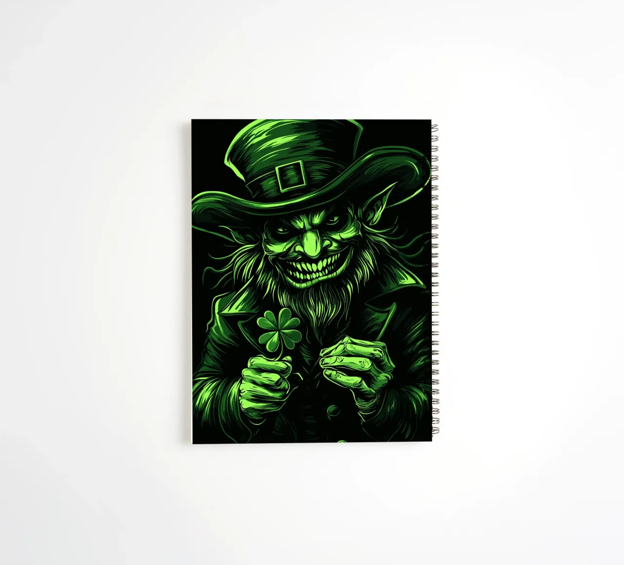 Grinning leprechaun with shamrock spiral notebook by pixelbull - medieval art and more