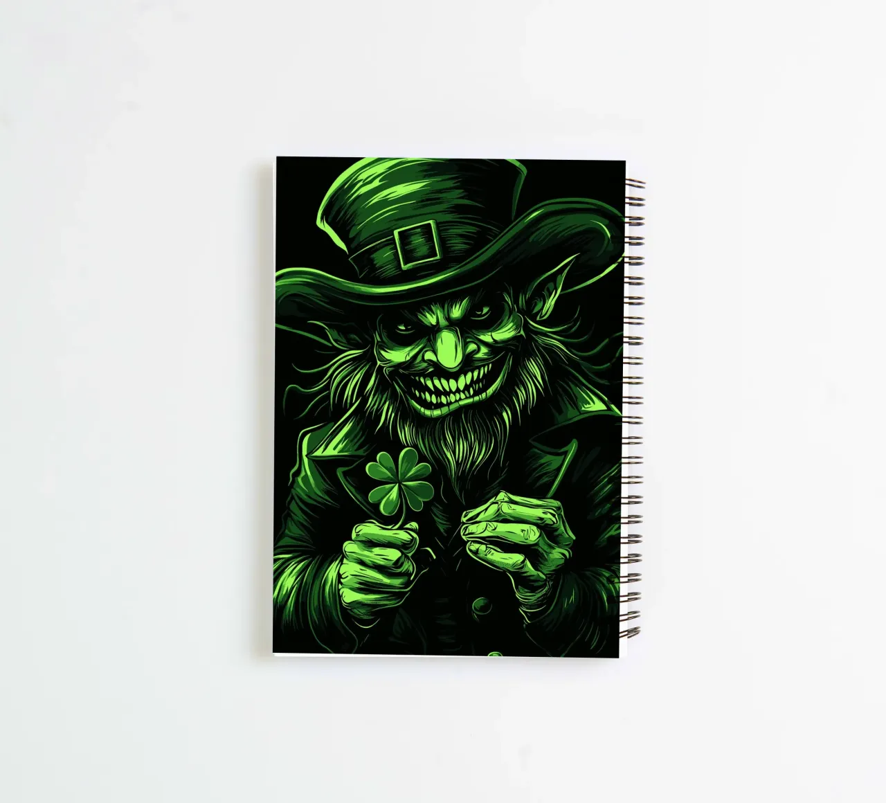 Grinning leprechaun with shamrock spiral notebook by pixelbull - medieval art and more