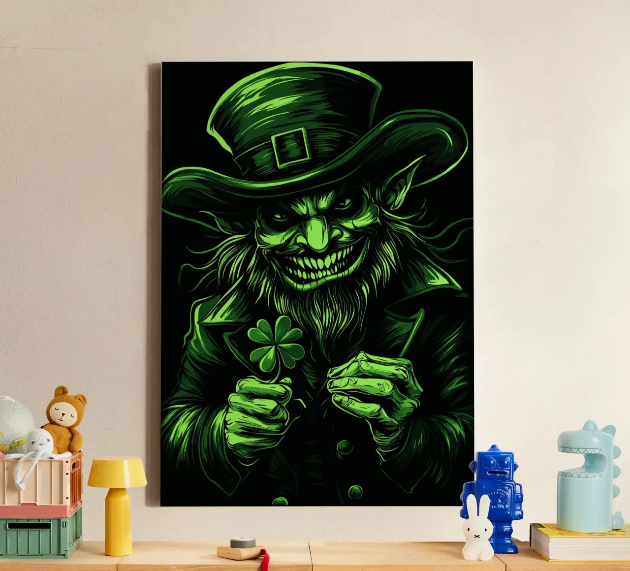 Grinning leprechaun with shamrock canvas by pixelbull - medieval art and more